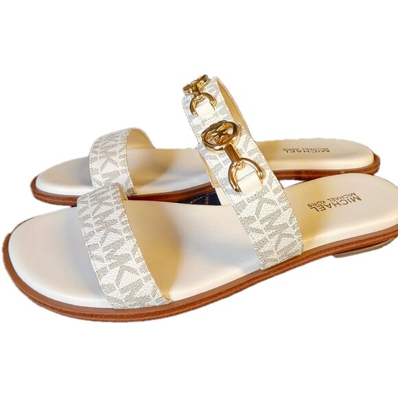 SOLD Michael Kors Wm Sz 8 SlipOn Flat Sandal Ivory Tan Logo Leather Gold Logo - Picture 2 of 14